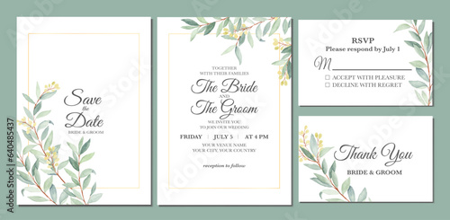 Manual painted of olive leaves watercolor as wedding invitation 
