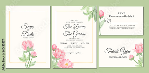 Manual painted of pink peony flower watercolor as wedding invitation 