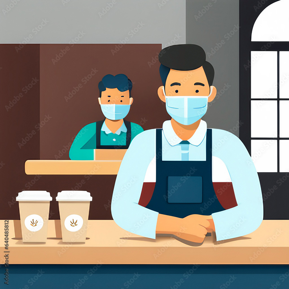 People working indoors at job serve coffee at shop while wearing covid masks, cartoon