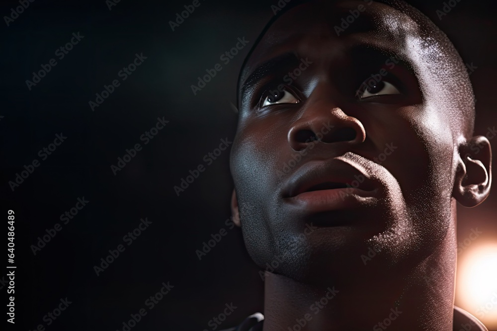 Defiant African American basketball player's close-up portrait, looking left in dim court light. Photo generative AI Defiant African American basketball player's close-up portrait, looking left in dim court light. Photo generative AI