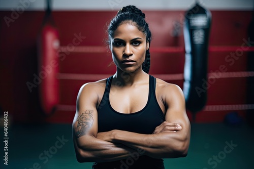 Gym-ready young female boxer's portrait. Photo generative AI