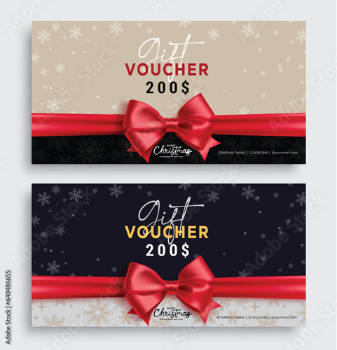 Christmas gift voucher vector set design. Gifts voucher lay out collection for holiday season shopping discount card background. Vector illustration gift coupon discount collection.
