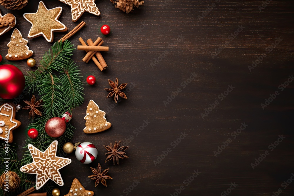 Christmas and New Year background with fir branches, red and golden baubles, pine cones and berries. Top view with copy space Christmas and New Year background with fir branches, red and golden baubles, pine cones and berries. Top view with copy space