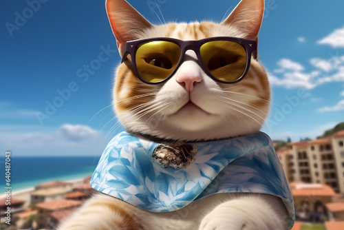 Cat in beach clothes and beach style Made with Generative AI © Dicky