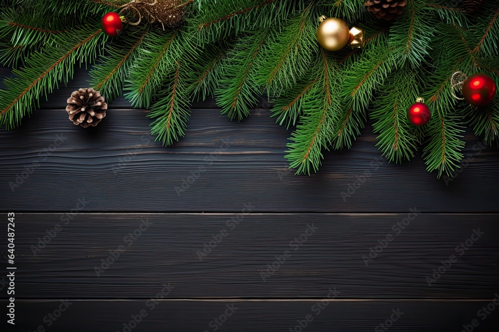 Christmas and New Year background with fir branches, red and golden baubles, pine cones and berries. Top view with copy space Christmas and New Year background with fir branches, red and golden baubles, pine cones and berries. Top view with copy space