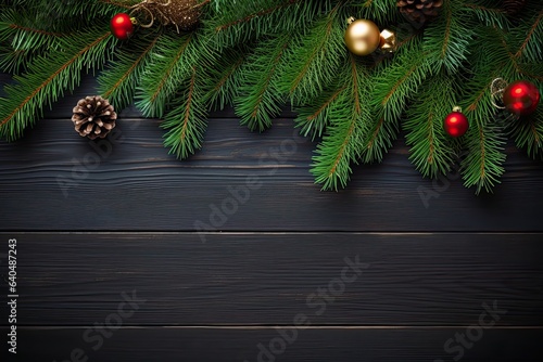 Christmas and New Year background with fir branches, red and golden baubles, pine cones and berries. Top view with copy space