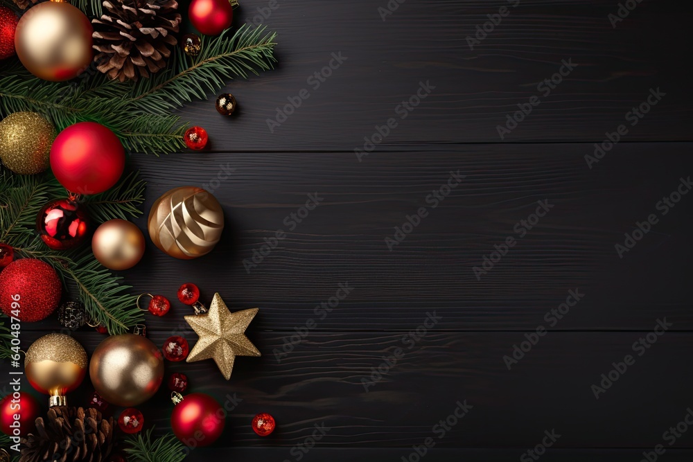 Christmas and New Year background with fir branches, red and golden baubles, pine cones and berries. Top view with copy space Christmas and New Year background with fir branches, red and golden baubles, pine cones and berries. Top view with copy space