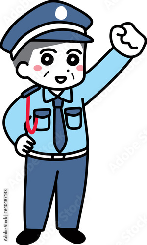 笑顔でガッツポーズをしているシニアの男性警備員(全身)	