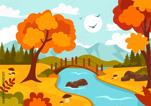 Autumn Landscape Background Vector Illustration with Mountains  Fields  Trees and Fall Leaves in Flat Cartoon Natural Season Panorama Templates