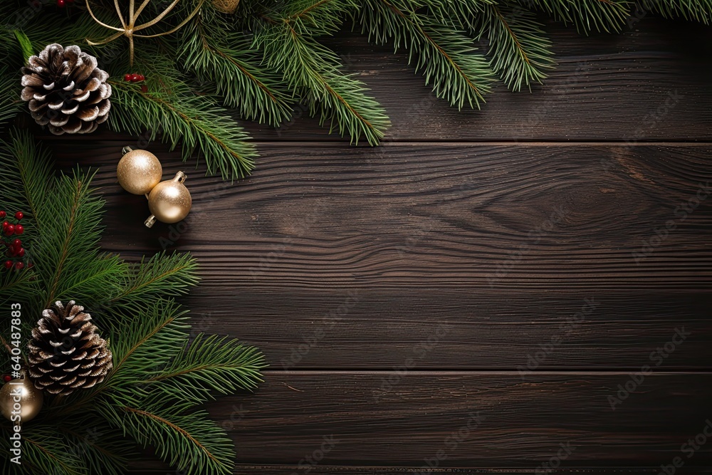 Christmas and New Year background with fir branches, red and golden baubles, pine cones and berries. Top view with copy space Christmas and New Year background with fir branches, red and golden baubles, pine cones and berries. Top view with copy space