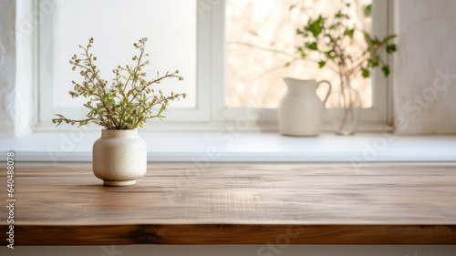 Empty wooden table with vase of wildflowers on the windowsill. High quality photo