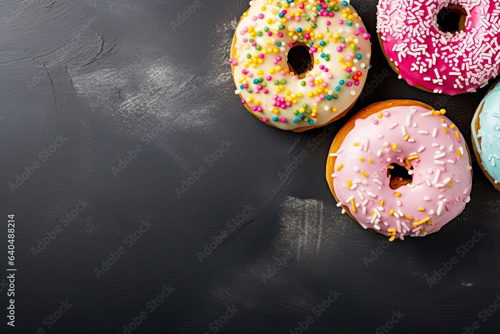 Colorful glazed donutsle background. Top view with copy space