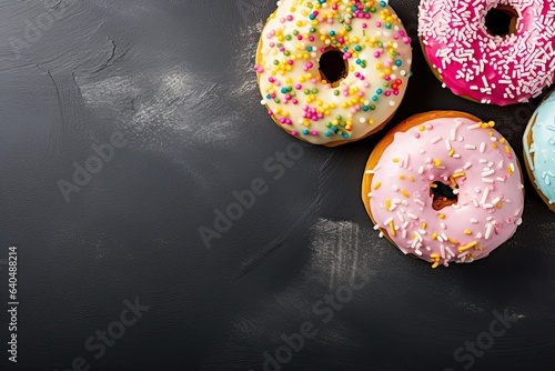 Colorful glazed donutsle background. Top view with copy space