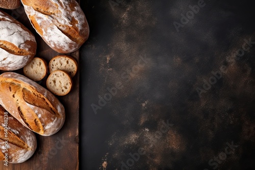 Freshly baked bread and wheat ears on rustic background. Top view with copy space