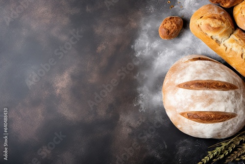 Freshly baked bread and wheat ears on rustic background. Top view with copy space