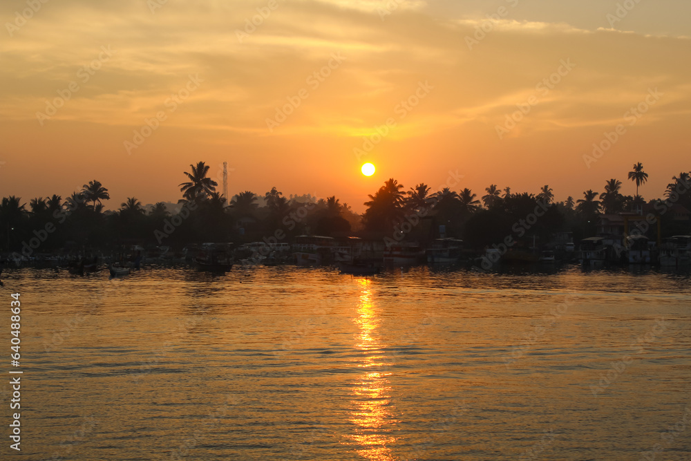 Amazing sunrise ocean landscape, waves and palms near Mirissa, Sri Lanka