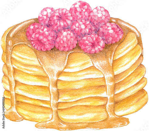 Honey raspberry pancakes colored pencil drawing , painting art 
