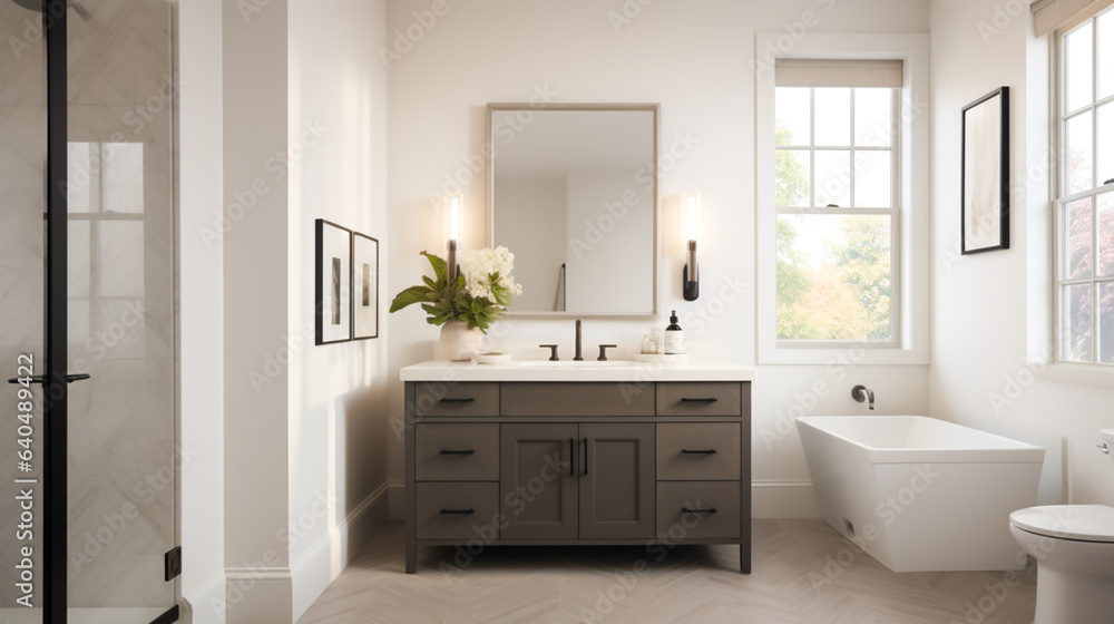 A photo mockup of a bathroom with neutral-colored tiles, vanity, and fixtures. A photo mockup of a bathroom with neutral-colored tiles, vanity, and fixtures.