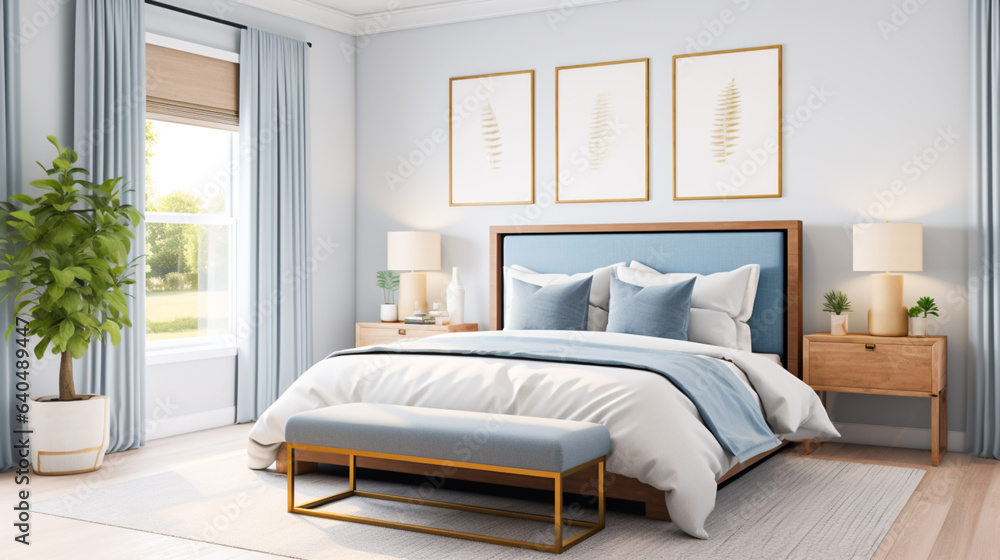 A mockup photo of a bedroom with a light blue walls, white bedding, and navy blue curtains. A mockup photo of a bedroom with a light blue walls, white bedding, and navy blue curtains.