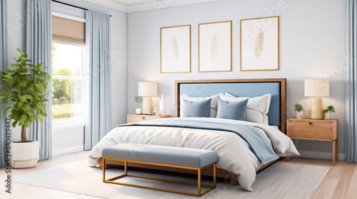 A mockup photo of a bedroom with a light blue walls  white bedding  and navy blue curtains.
