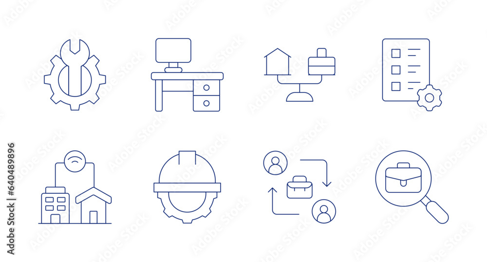 Work icons. Editable stroke. Containing work in progress, work space, balance, evaluation, work from home, hard hat, shift, job search.