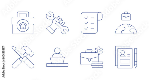 Work icons. Editable stroke. Containing work from home, wrench, shopping list, work, tools, working at home, working conditions, resume.