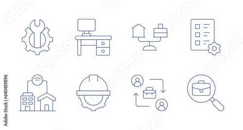 Work icons. Editable stroke. Containing work in progress, work space, balance, evaluation, work from home, hard hat, shift, job search.