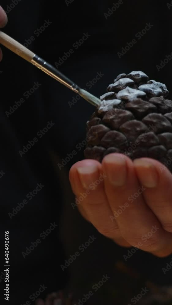 Vertical video. I apply white paint on a pine cone with a brush. Home decorations for the holiday. Vertical video. I apply white paint on a pine cone with a brush. Home decorations for the holiday.