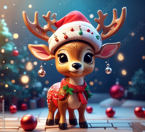 Christmas reindeer with Santa's Hat, Elements, Snowfalls Cinematic 3D Background. ai generated © prema