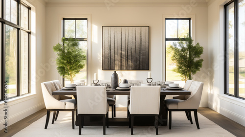A photo of a dining room with a dark wood table, white chairs, and light gray walls. © Kosal