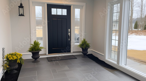 A photo of the front entryway of a house with a black door, white walls, and gray tile flooring.
