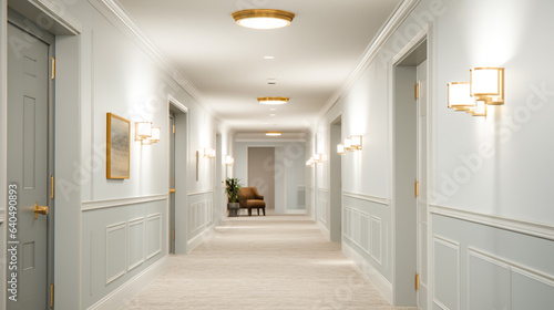 A photo of an empty hallway of a luxury hotel with light gray walls  white flooring  and gold light fixtures.