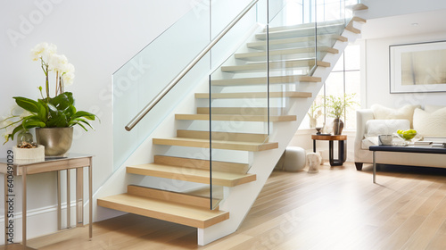 A photo of a staircase with neutral-colored treads  risers  and railings.