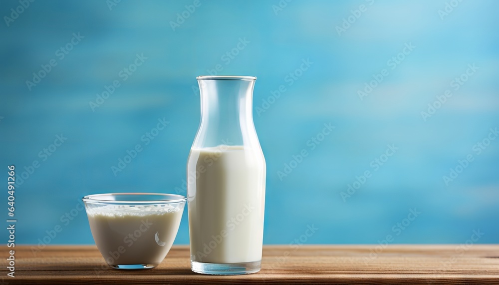 A bottle of milk and glass on a wooden table A bottle of milk and glass on a wooden table