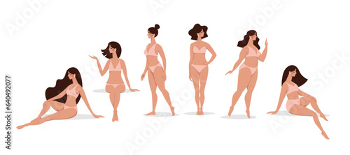Beautiful girls models in swimsuits stand and sit in different poses, a set of characters of a woman in lingerie for a beauty salon, women s health, relaxing on the beach. Vector illustration isolated