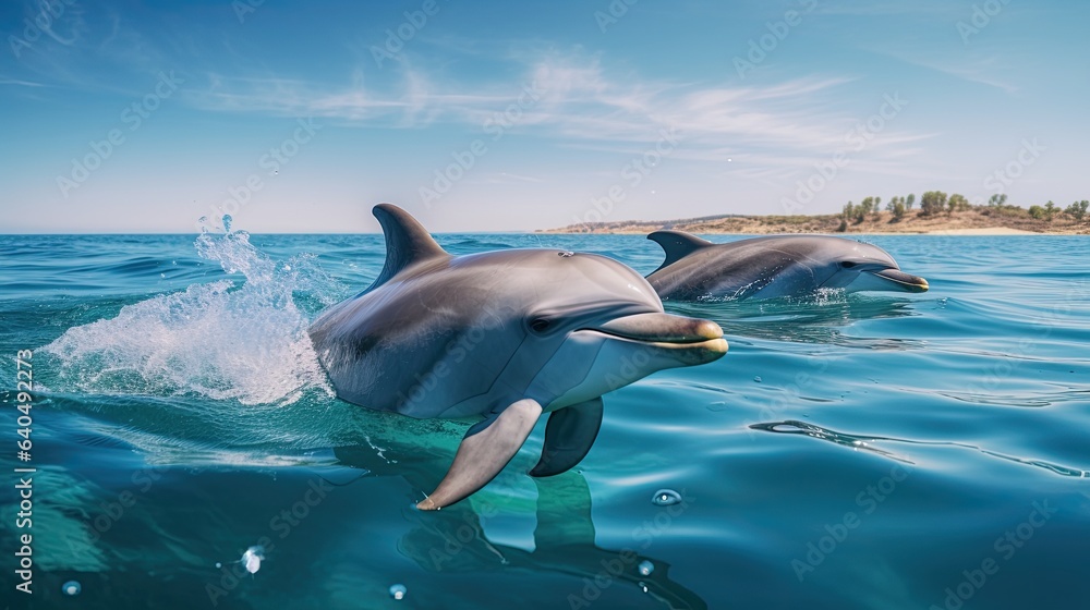 Obraz premium Portrait dolphin appearing in the sea with light exposure