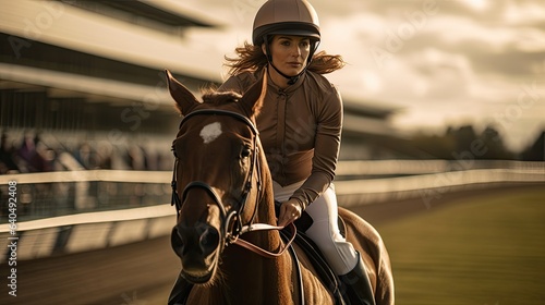 Portrait woman riding a horse in the race AI Generative