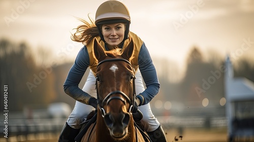 Foto Portrait woman riding a horse in the race AI Generative