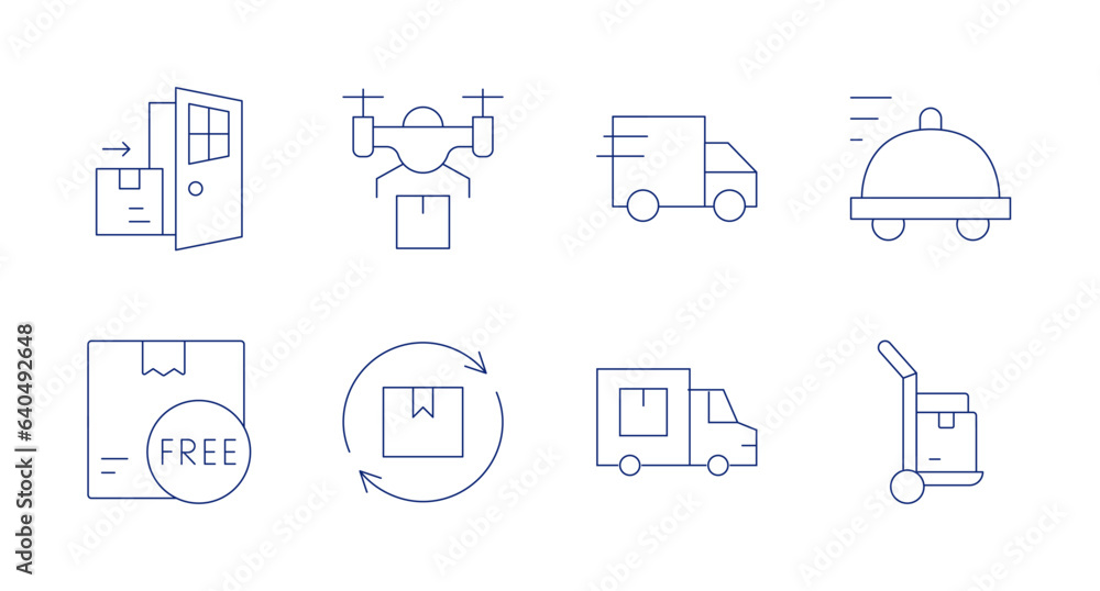 Delivery icons. Editable stroke. Containing door to door, drone delivery, express delivery, food delivery, free delivery, renewal, shipment, hand truck.