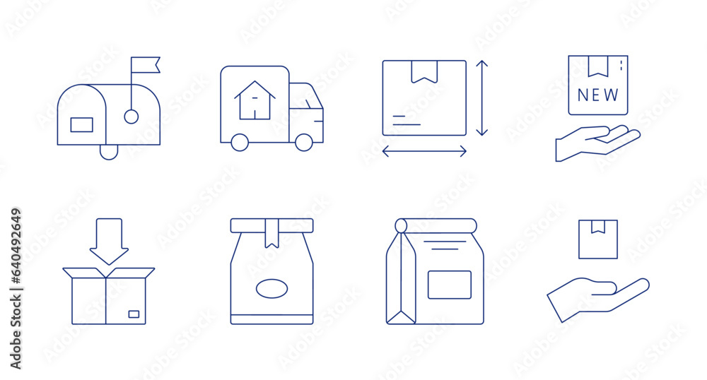 Delivery icons. Editable stroke. Containing mailbox, moving truck, size, new product, packing, paper bag, shipping.