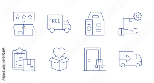 Delivery icons. Editable stroke. Containing best product, free delivery, food delivery, product development, checklist, heart, home delivery, truck.