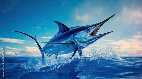 Portrait blue marlin fish jumping over the sea AI Generative