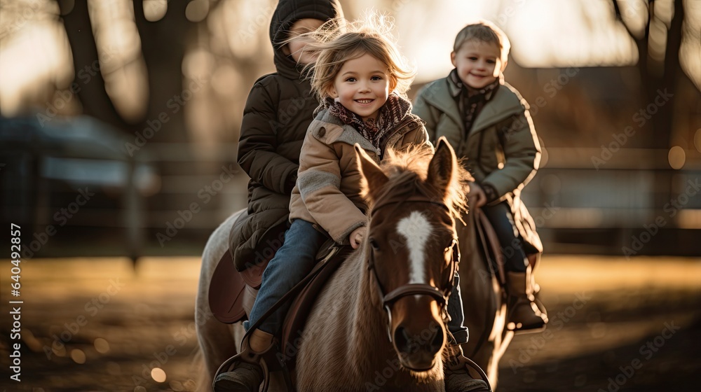 Portrait kids riding a horse in the race AI Generative 
