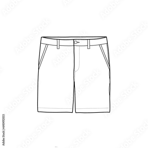 Chino short pant technical drawing. Men's chino shorts flat sketch fashion illustration with front view.