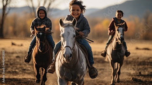 Portrait kids riding a horse in the race AI Generative 