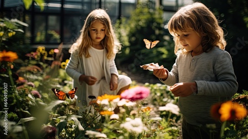 Portrait kids with butterfly in the gardenAI Generative 