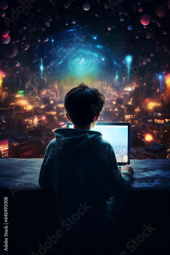 A boy operates a laptop with his back to the camera at night, thousands of colorful glowing letters and symbols come out from his laptop and flying around him, futuristic light, hyper realistic.