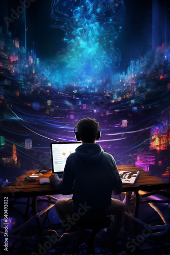 A boy operates a laptop with his back to the camera at night, thousands of colorful glowing letters and symbols come out from his laptop and flying around him, futuristic light, hyper realistic.