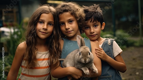 Portrait kids with rabbit in the zoo AI Generative