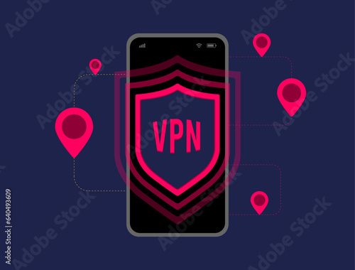 VPN Security Network. Enhancing Internet Privacy with Encryption VPN Software. Virtual Private Network for Anonymous Browsing and Website Access. Vector illustration on dark background with icons